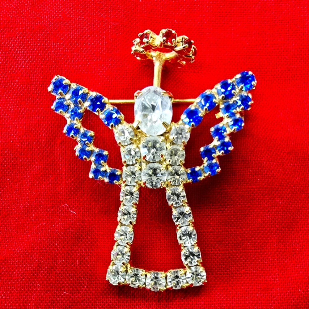 Angel Pin Red White Blue Rhinestones Set in Gold-tone Brooch Pin